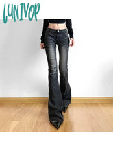Lunivop Woman Denim Jeans Casual Loose Pants Low Waist Trousers Gradient Color Bell Bottoms Dark